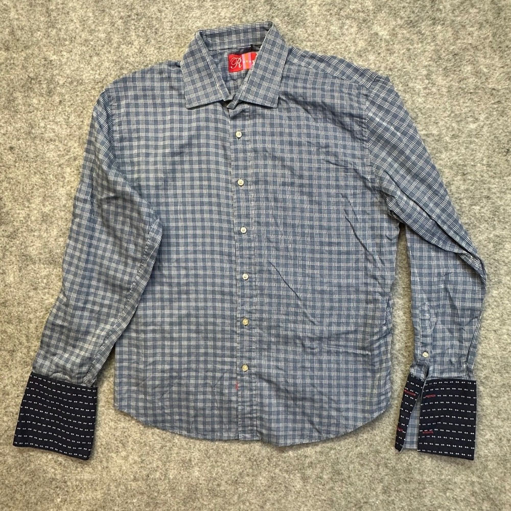 Rufus‎ Button Down Shirt Mens XL Blue Excellent Textured Plaid Contrast Cuff